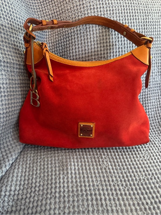 Dooney & Bourke Handbags - Dooney & Bourke Red Suede Shoulder Bag with Tan Leather Trim